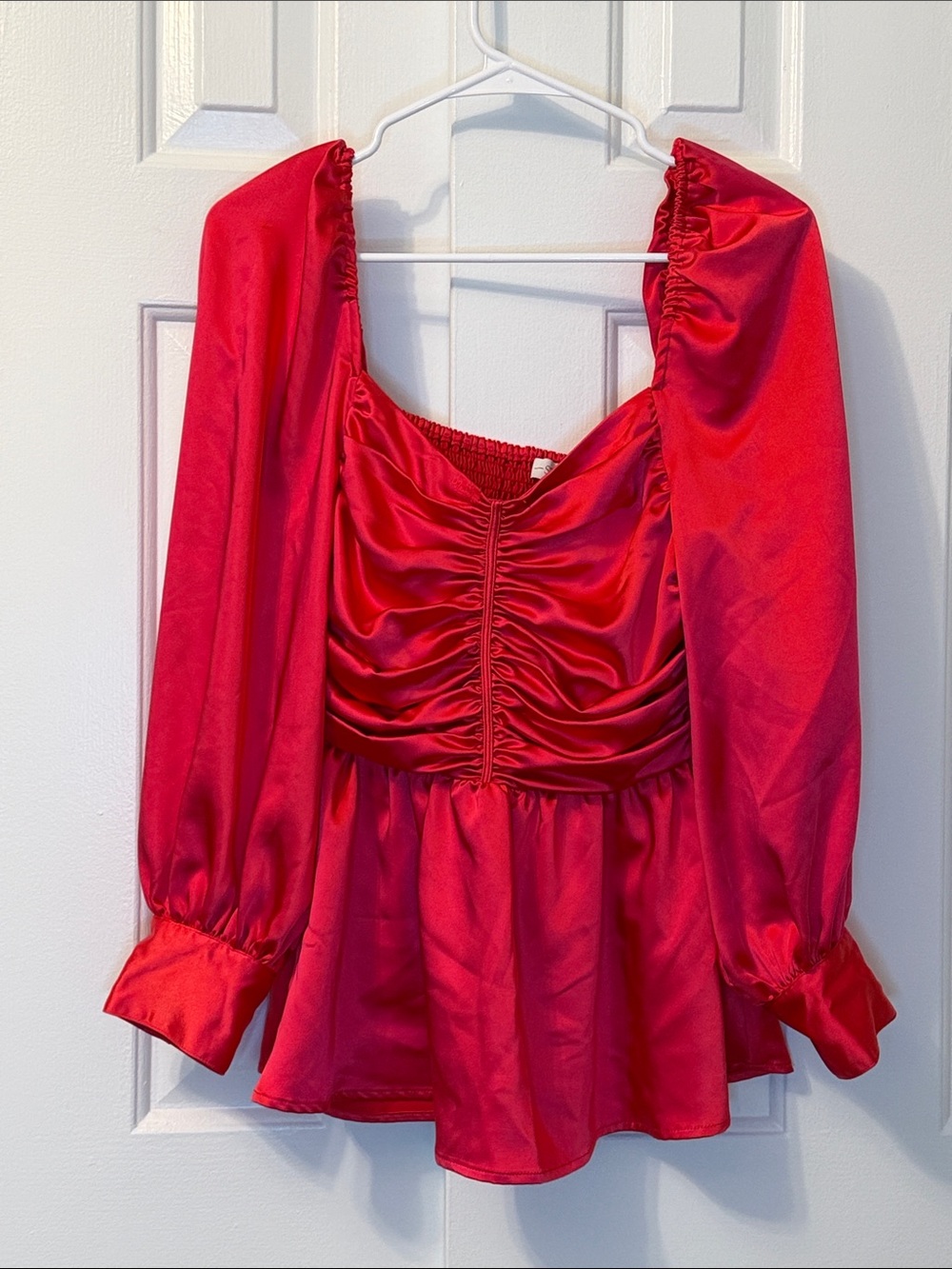 S’EDGE Red Satin Long Sleeve Blouse Ruched Size S